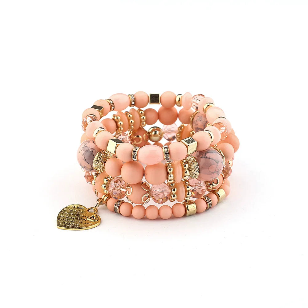4Pcs Boho Crystal Beads Chain Bracelet Set For Women Vintage Heart Charm Elastic Bangle Female Fashion Party Jewelry