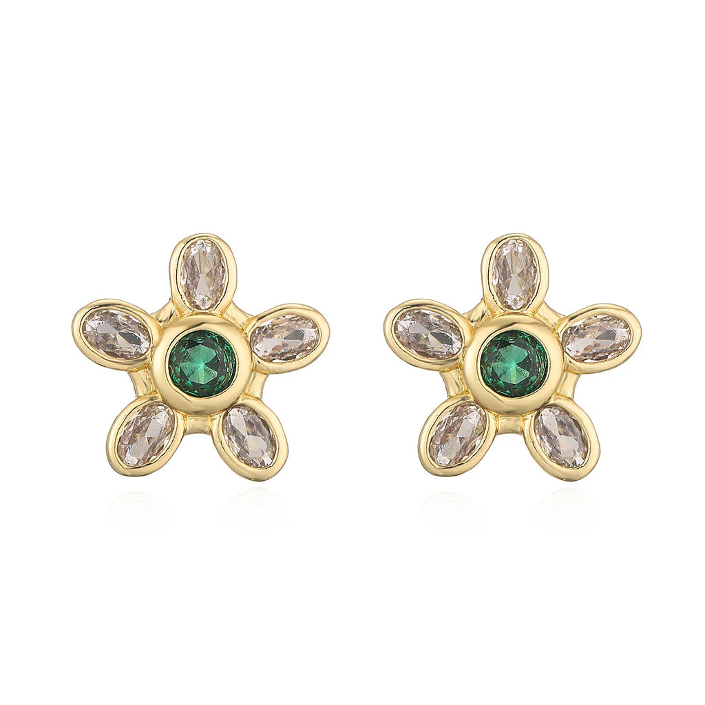 NEWBUY Delicate Gold Color Cute Flower Stud Earrings For Women Pink Green White CZ Crystal Jewelry Femme Bijoux
