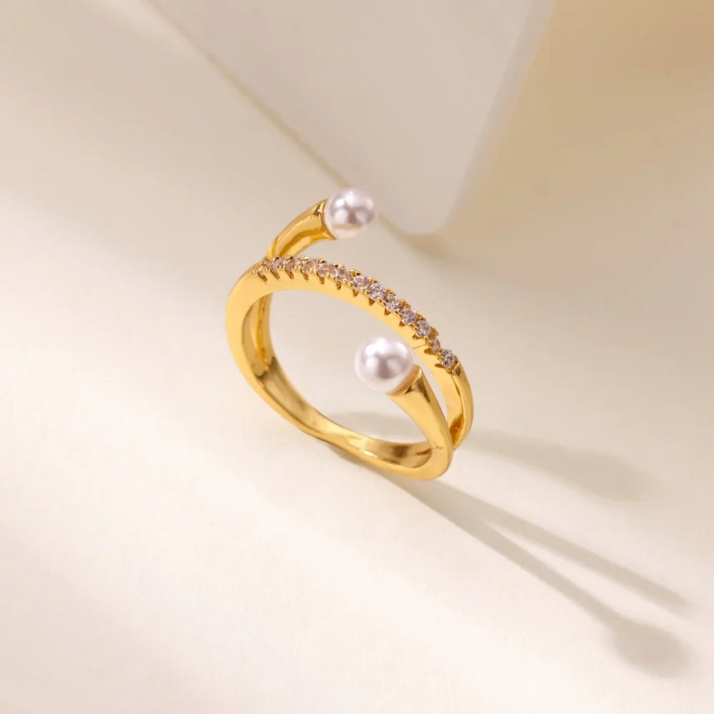 Layered Zircon Imitation Pearl Ring For Women Stainless Steel Gold Color Ring 2025 New Trend Fashion Wedding Couple Jewelry Gift