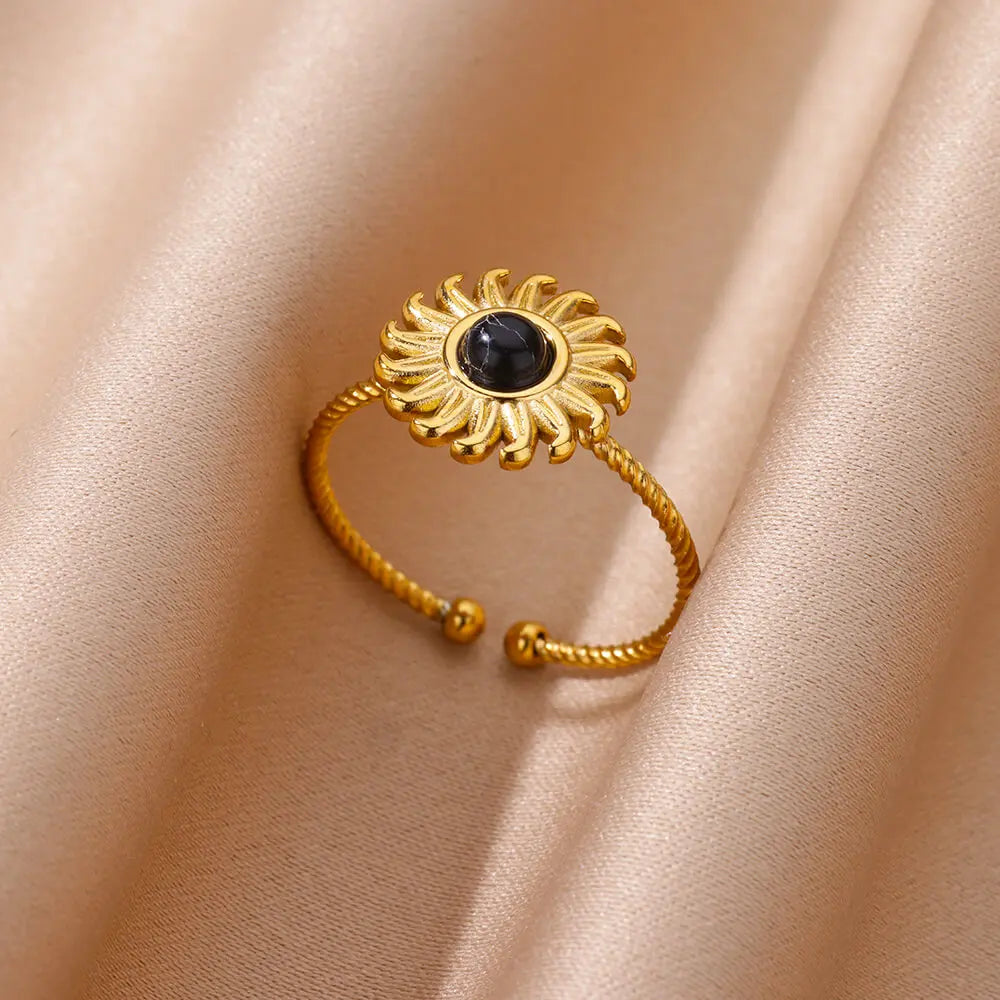 Stainless Steel Smooth Double Ball Beads Rings For Woman Vintage Opal Natural Stone Ring Fashion Gold Color Aesthetic Jewelry