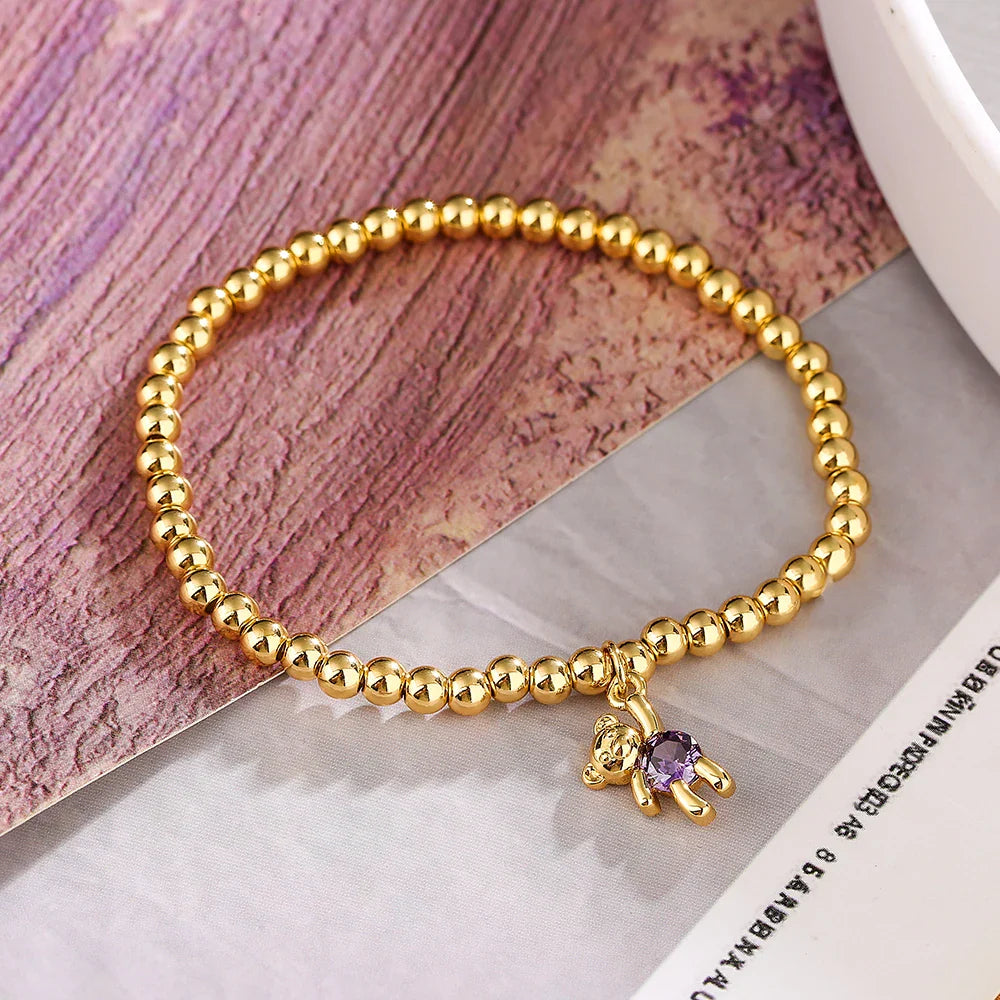 NEWBUY Trendy Gold Color Copper Beads Bracelets For Women White/Pink/Purple CZ Cute Bear Jewelry