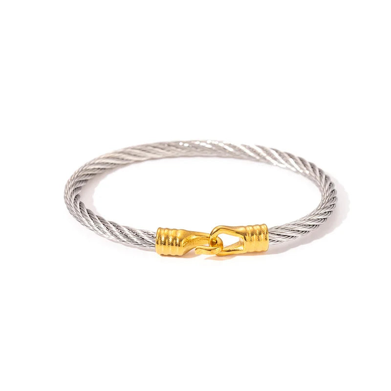 1pcs Stainless Steel Gold-plated Bangle Trendy Retro Hip-hop Style Bracelet Fried Dough Twists Steel Wire Rope Colorfast Bangle