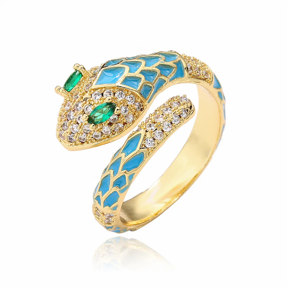NEWBUY Fashion 6 Colors Enamel Expoxy Snake Open Rings For Women Luxury AAA Cubic Zirconia Pave Setting Copper Jewelry Female