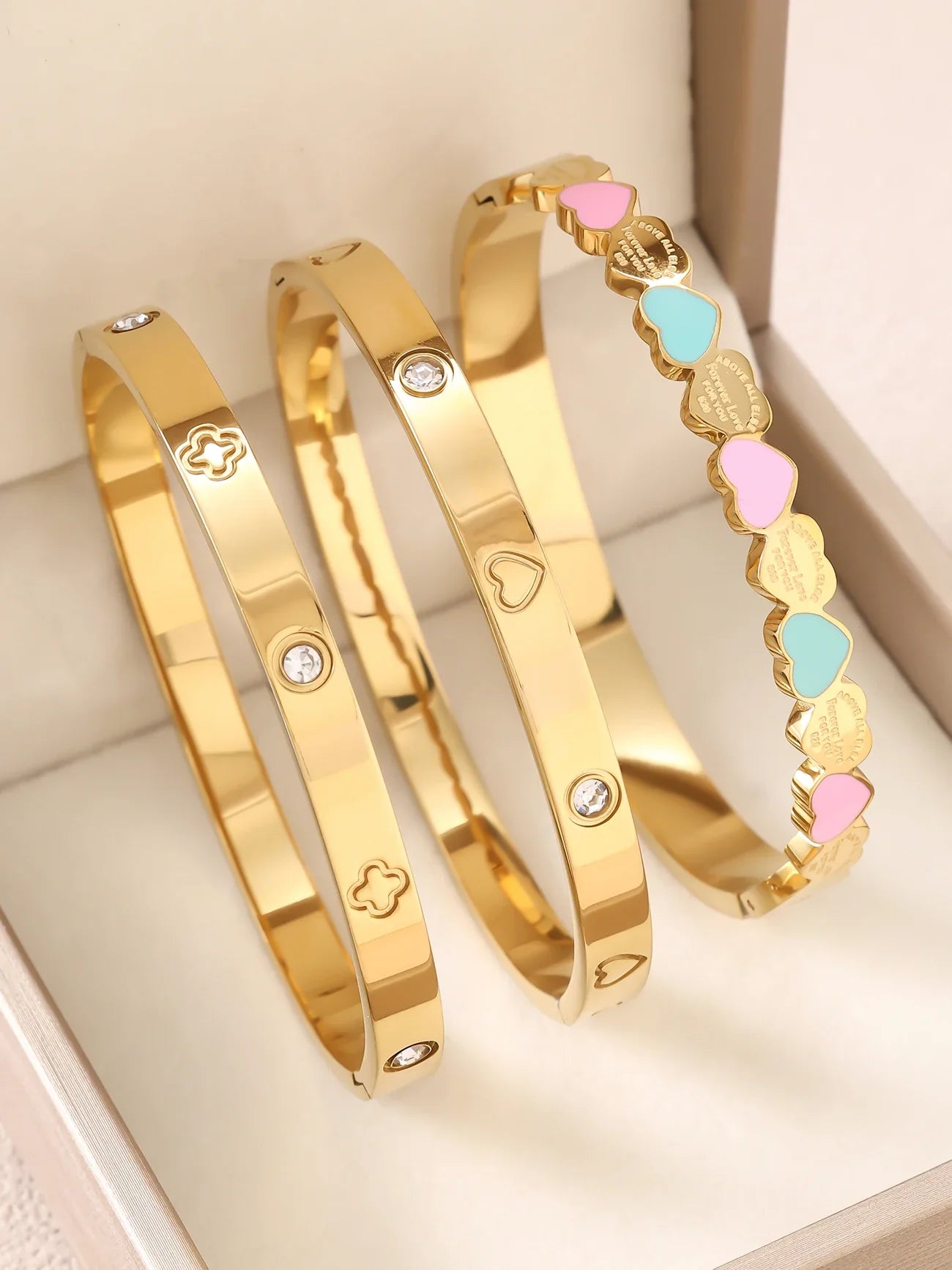 1pc 18K Gold Plated Stainless Steel Stackable Bracelet With Chain And Clover Design, Fashion Style For Women, Suitable For Casua