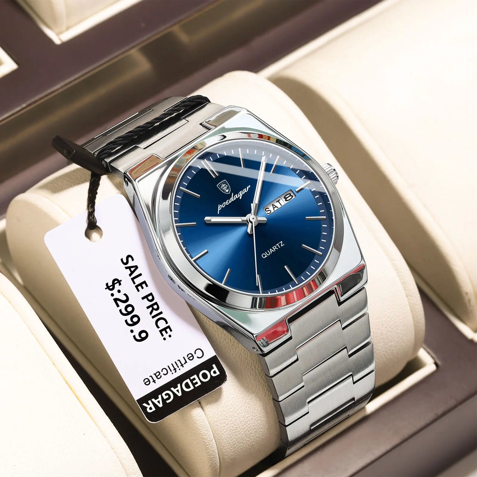 POEDAGAR Luxury Business Man Wristwatch Waterproof Luminous Stainless Steel Men Watch Date Week Fashion Quartz Men's Watches+Box