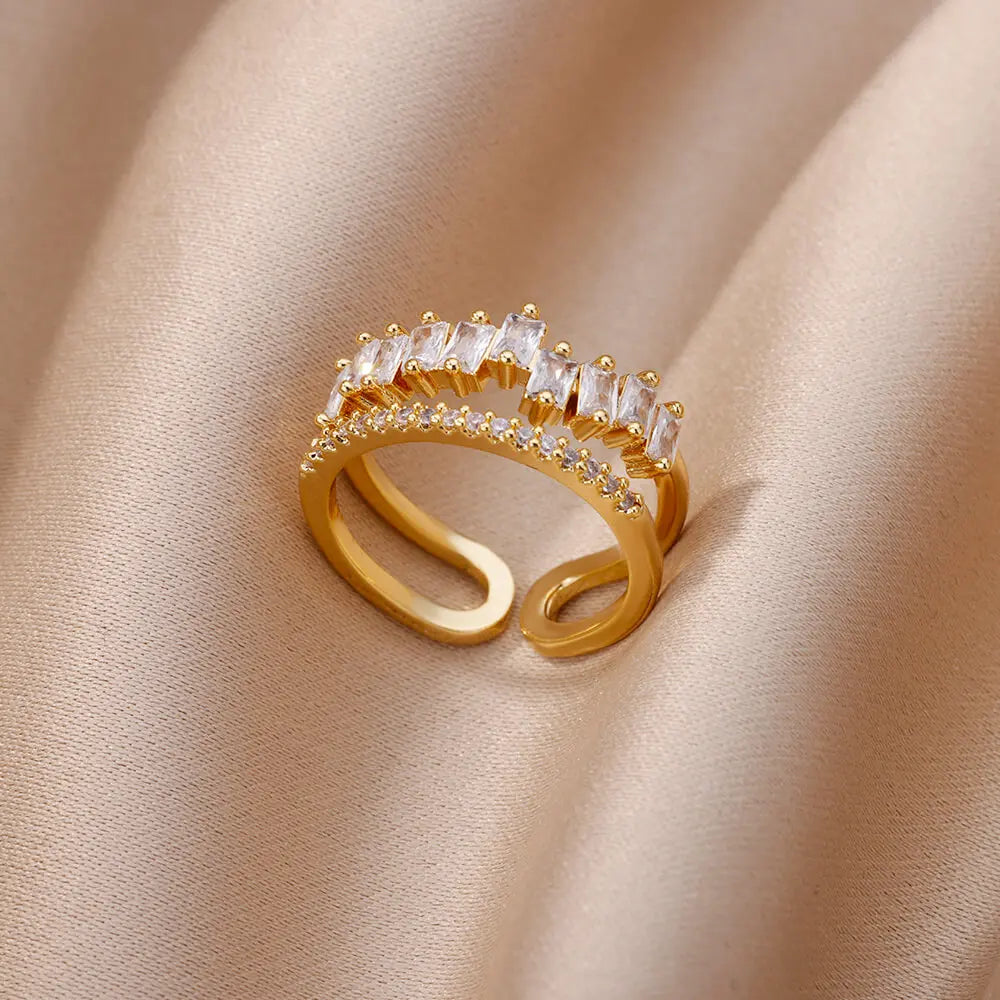 Gold Color Cubic Zircon Rings For Women Open Stainless Steel Green Luxury Crystal Finger Ring Boho Jewelry Wedding Party Gift