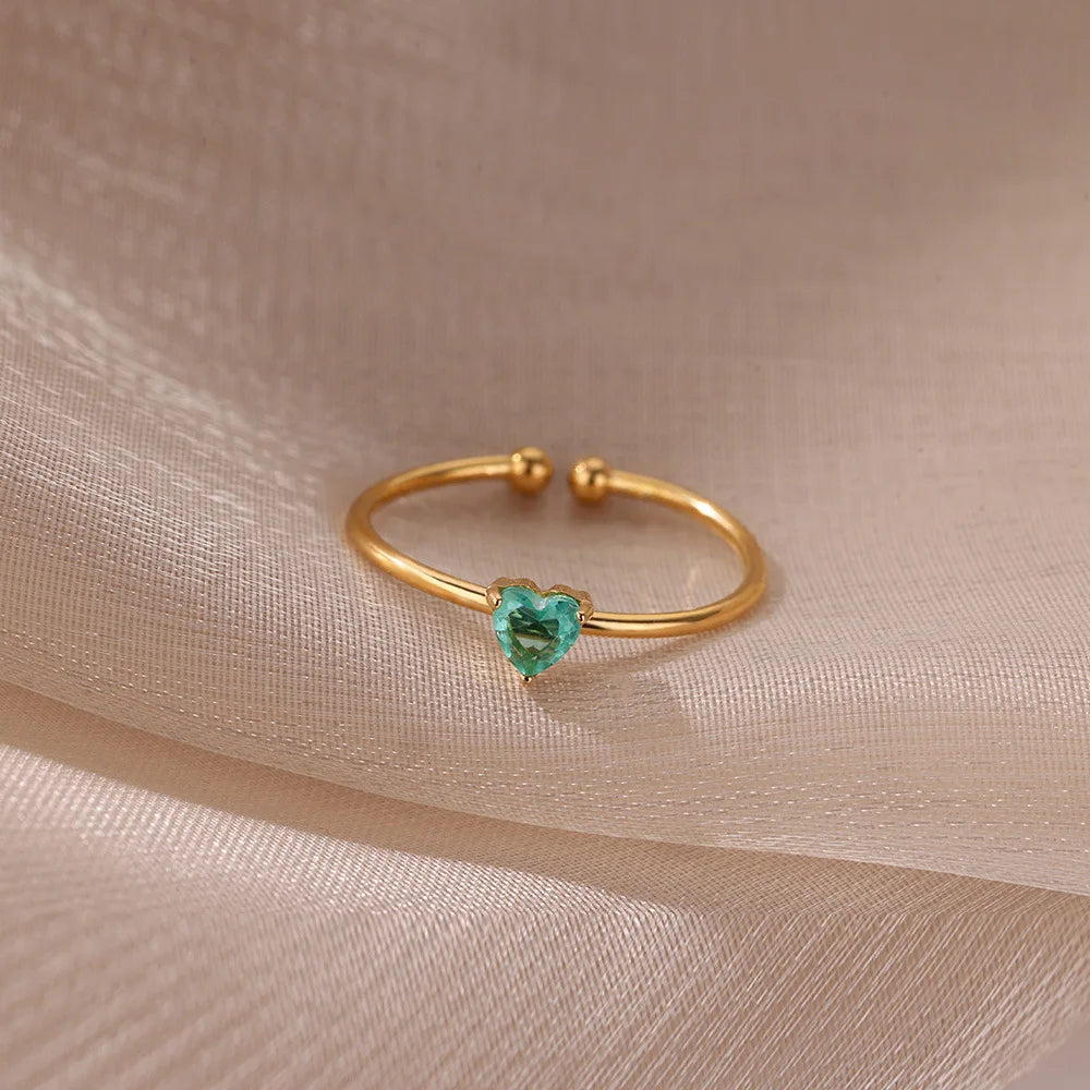 Stainless Steel Birthstone Open Rings for Women Fashion 12-color Crystal Zircon Heart Ring Birthday Aesthetic Jewelry Gift