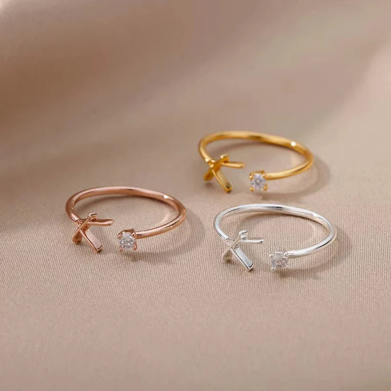 Zircon Initial Letter Ring for Women Stainless Steel Gold Color Alphabet Open Ring Trendy Wedding Birthday Aesthetic Jewelry