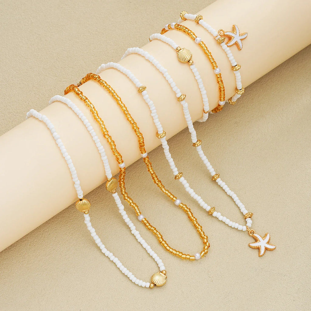 6Pcs/Set Rice Beaded Shell Starfish Pendant Necklace Bracelets Bohemian Elegant Gold White Color Jewelry Set Holiday Accessories