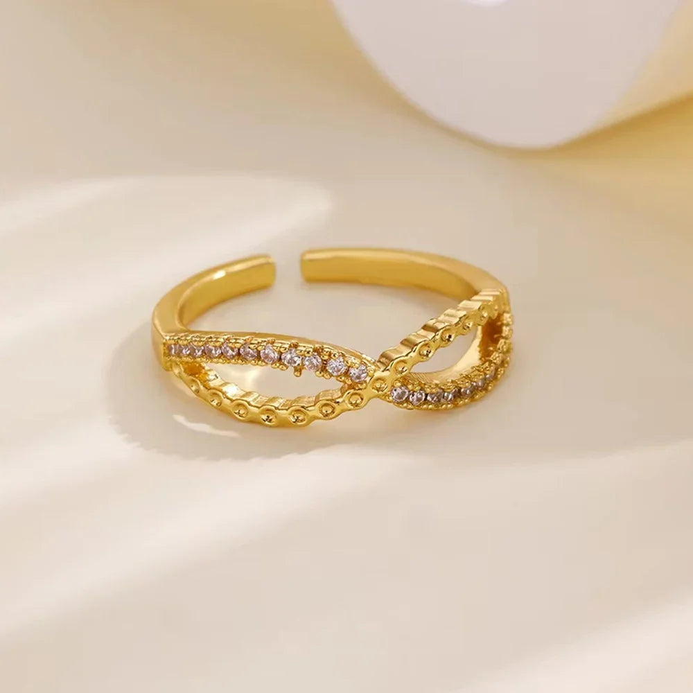 Zircon Chain Cross Rings For Women Vintage Gold Color Stainless Steel Geometric Open Ring Fashion Wedding Aesthetic Jewelry Gift