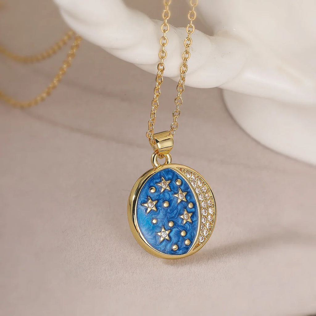 NEWBUY Delicate Blue Oil Dripping Star Moon Sun Round Pendant Necklaces For Elegant Women Bitrhday Gift