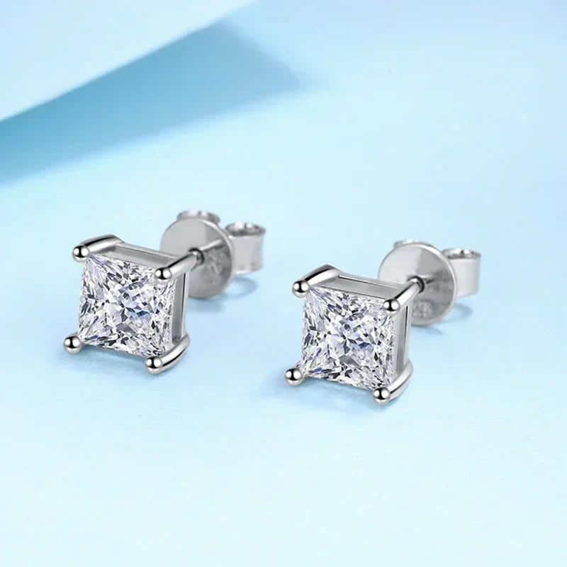 NeeTim 1ct 2ct Princess Cut Moissanite Earrings s925 Sterling Silver Plated with White Gold Plated Ear Studs for Women Jewelry