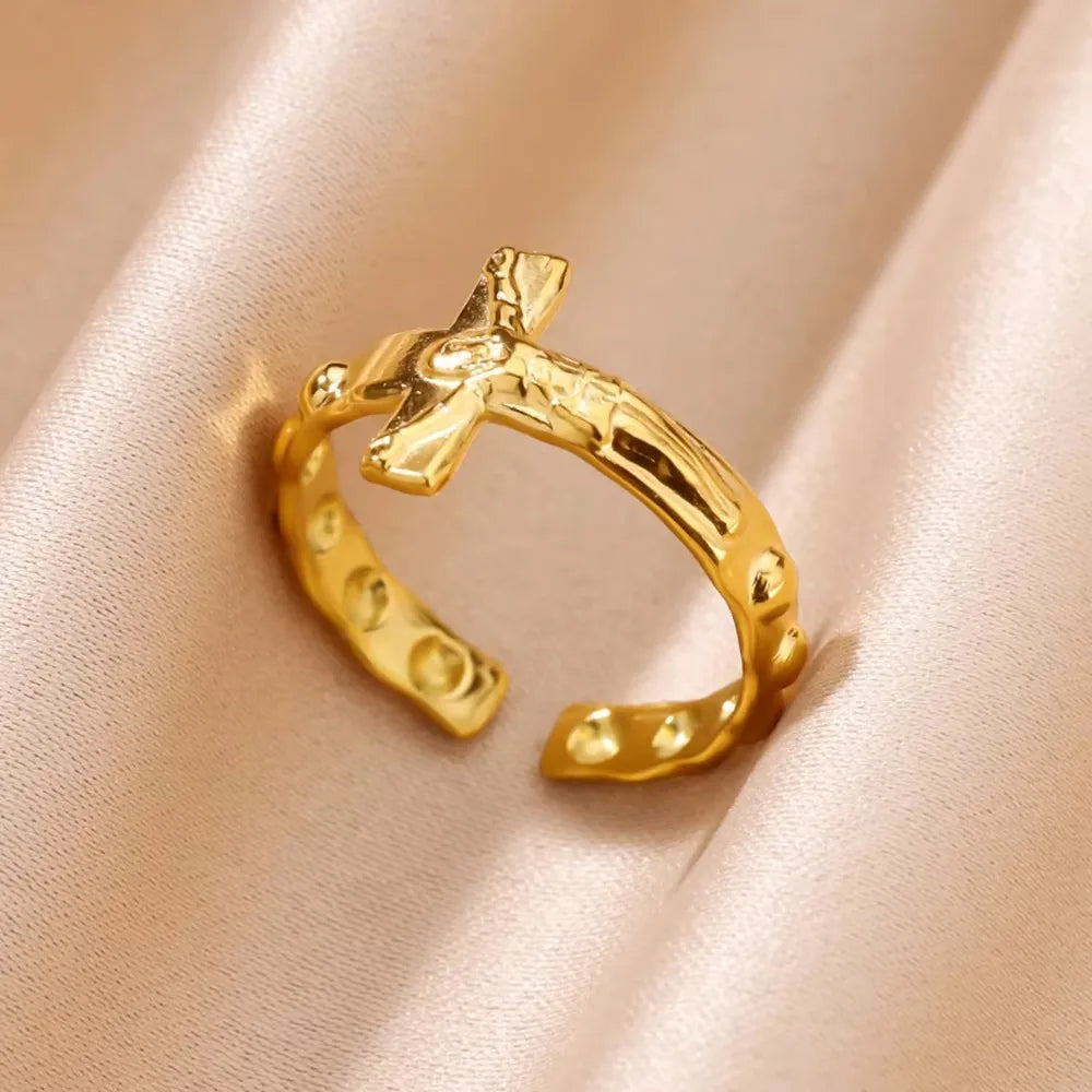 Stainless Steel Cross Rings for Women Vintage Gold Color Opening Cross Finger Ring Party Wedding Jewelry Gift anillos mujer