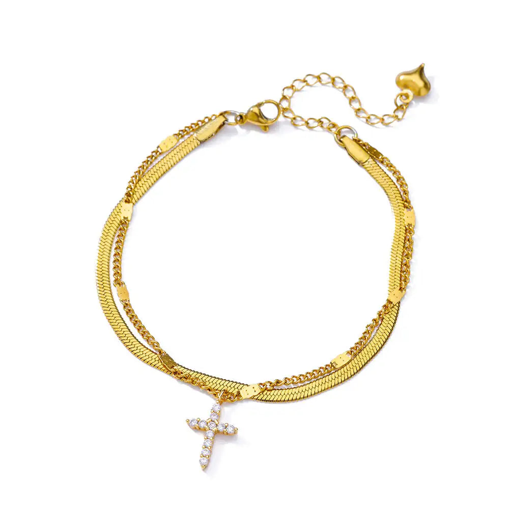Zircon Cross Anklets For Women Gold Color Stainless Steel Cross Anklet Double Chain Summer Beach Party Jewelry Gift Accessories