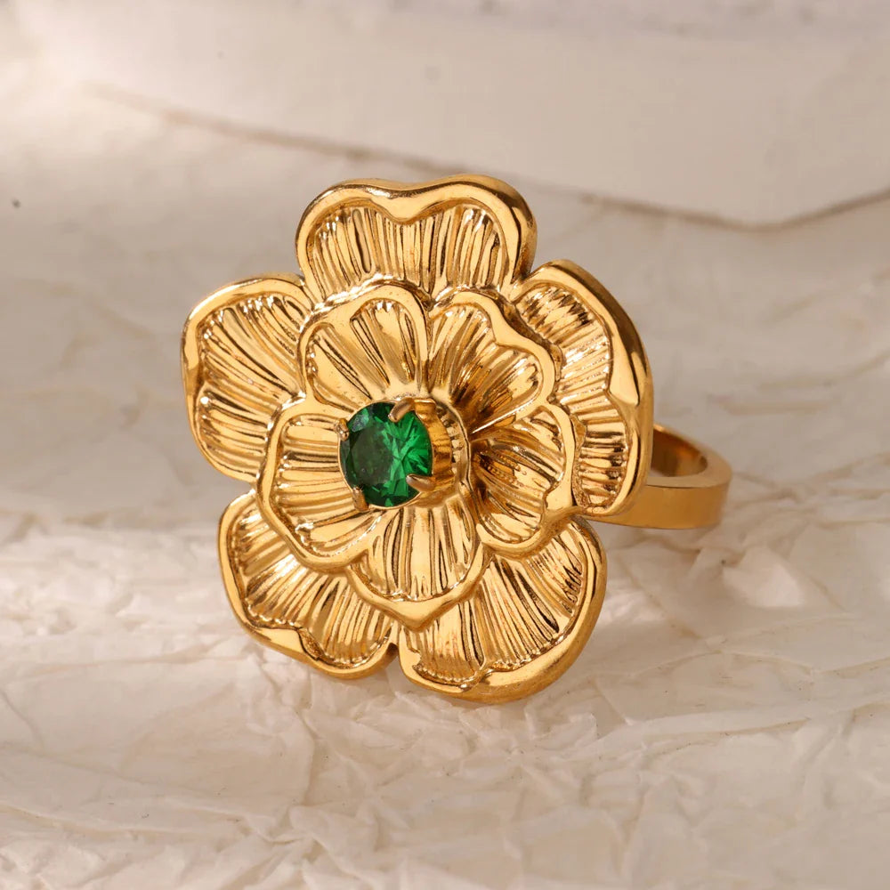 Green Cubic Zircon Heart Rings For Women Vintage Gold Color Stainless Steel Open Ring Fashion Aesthetic Jewelry Wedding Gift