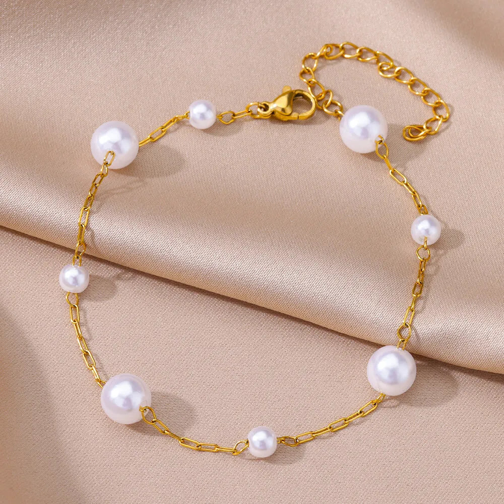 Stainless Steel Imitation Pearl Anklets for Women Gold Color Chain Ankle Bracelet Anklet Summer Beach Jewelry Accessories Gift