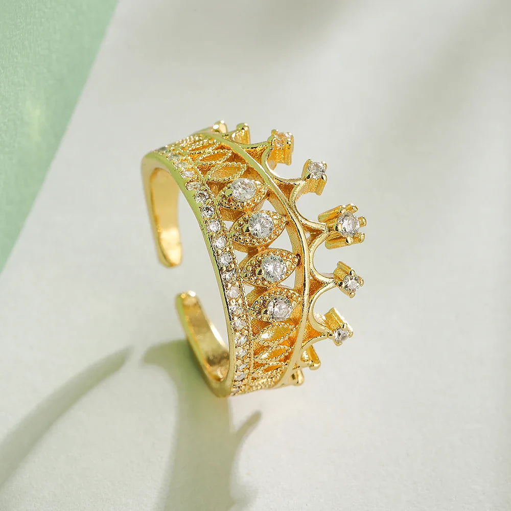 NEWBUY 2025 Trendy Gold Color Crown Charm Finger Rings Open Design Adjustable Shiny CZ Zircon Wedding Jewelry Female