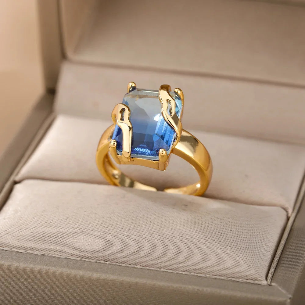 Gold Color Stainless Steel Ring for Women Colorful Cubic Zircon Heart Opening Adjustable Ring Fashion Jewelry Wedding Gift
