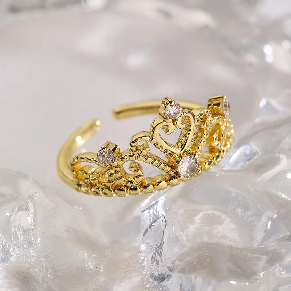 NEWBUY 2025 Trendy Gold Color Crown Charm Finger Rings Open Design Adjustable Shiny CZ Zircon Wedding Jewelry Female