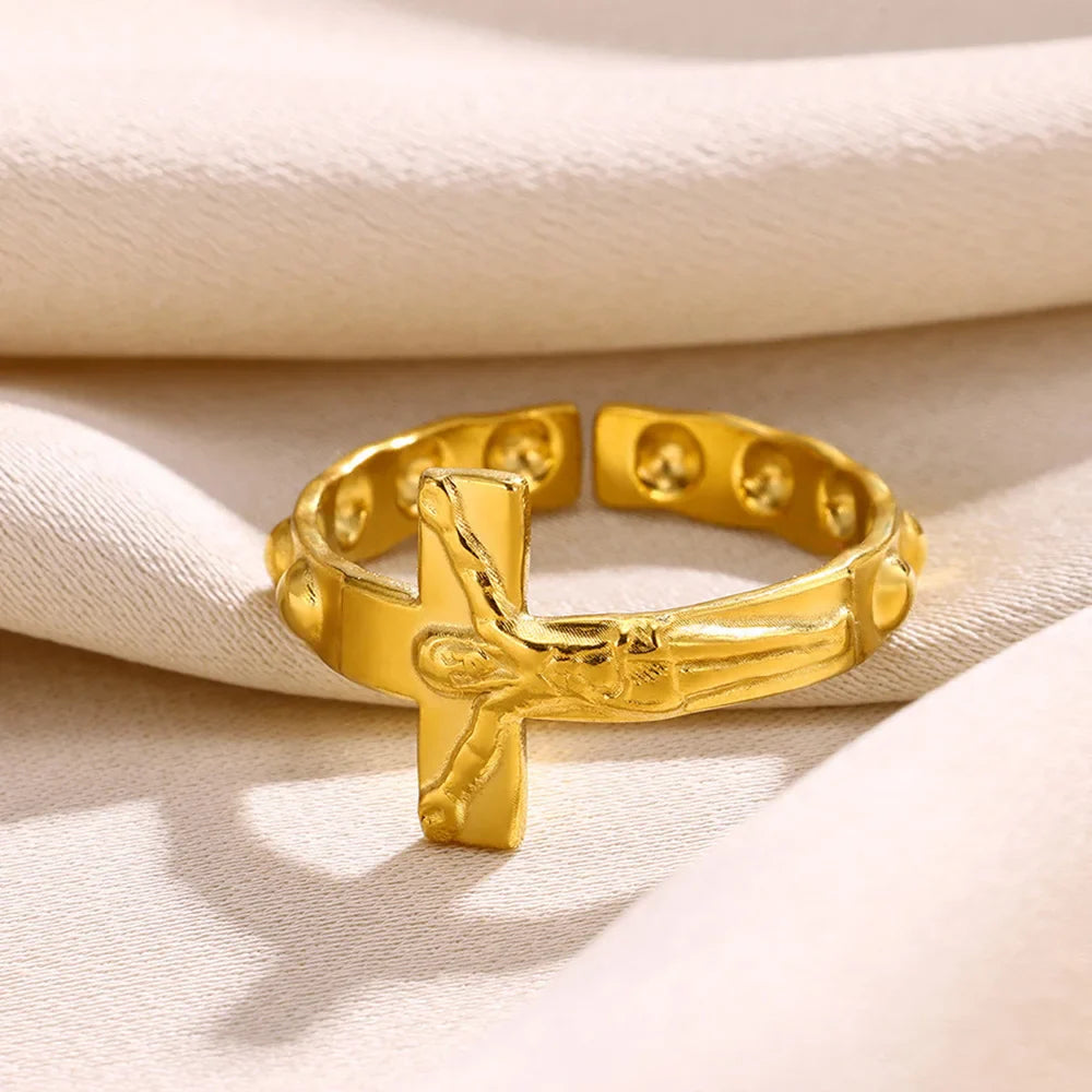 Vintage Jesus Cross Rings For Women Men Gold Color Stainless Steel Jesus Cross Adjustable Ring Religious Party Jewelry Gift