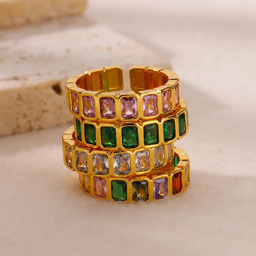 Colored Zircon Rings for Women Gold Color Stainless Steel Adjustable Ring 2024 Trend Wedding Engagement Jewelry anillos mujer
