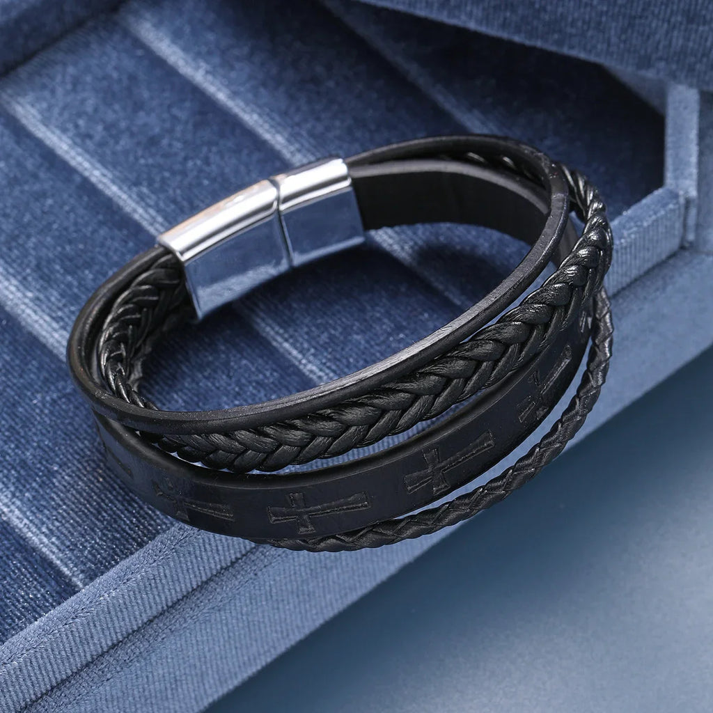 Fashion Cross Leather Rope Bracelet for Men Vintage Woven Leather Bracelet Punk Metal Magnet Buckle Personality Bracelet Jewelry