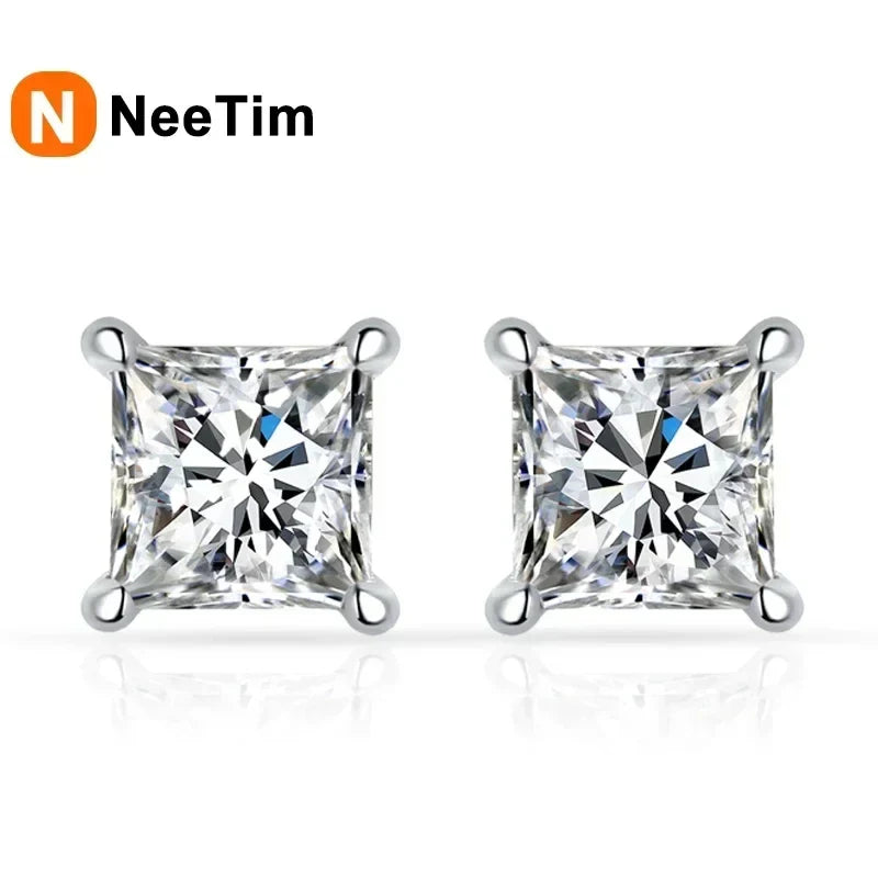 NeeTim 1ct Princess Cut Moissanite Earrings for Women S925 Sterling Silver with Gold Plated Ear Studs Wedding Party Fine Jewelry