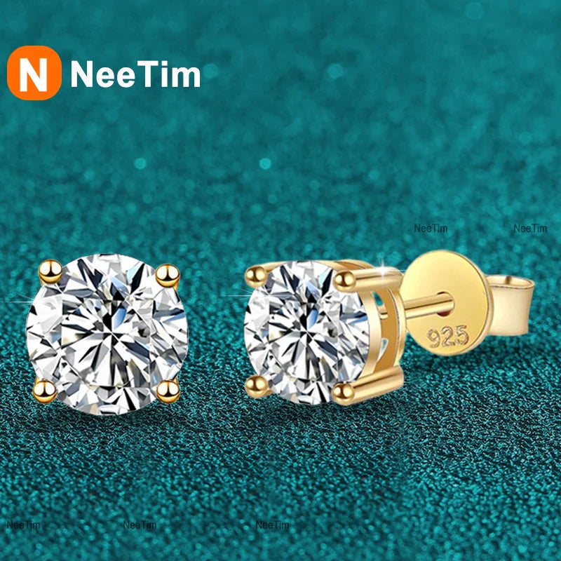 NeeTim 0.2-2ct Moissanite Earrings For Women 925 Sterling Silver Ear Studs with Yellow Gold Plated Lab Diamond Wedding Jewelry