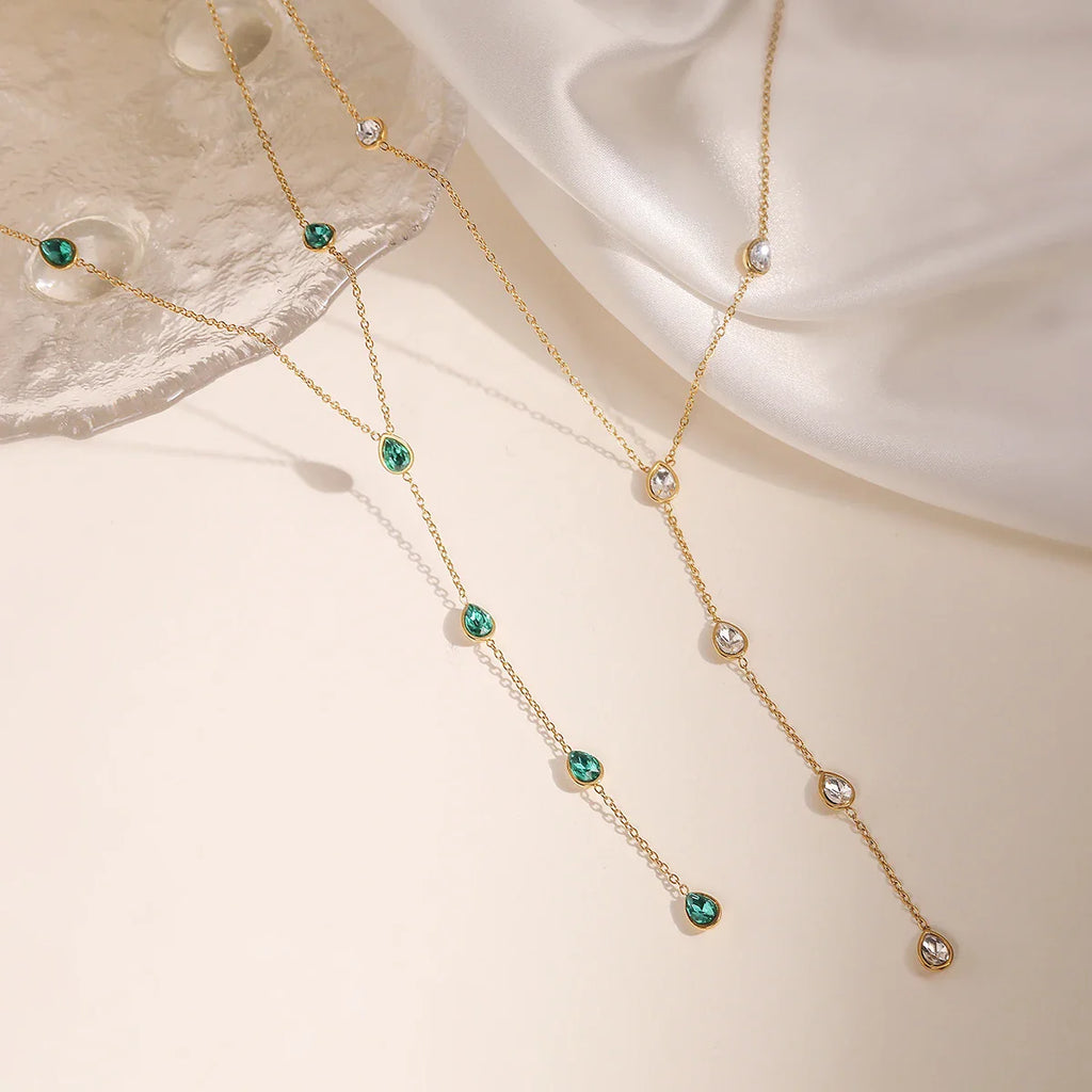 NEWBUY Fashion Gold Color Stainless Steel Choker Necklaces For Women Delicate White/Green/Red CZ Zircon Inlay Jewelry