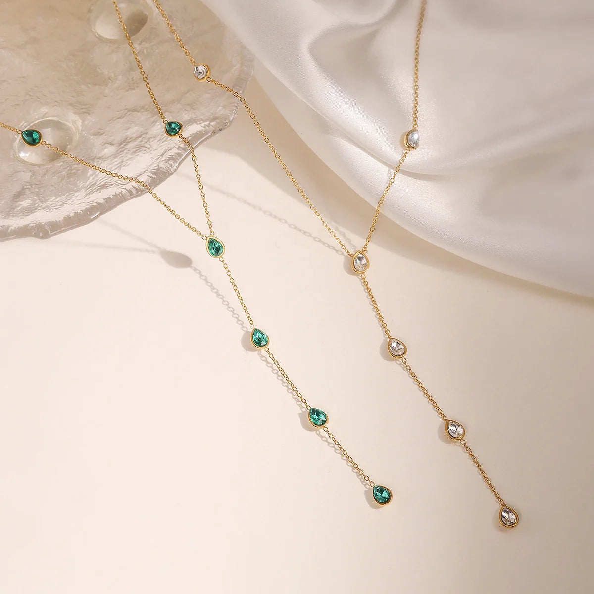 NEWBUY Fashion Gold Color Stainless Steel Choker Necklaces For Women Delicate White/Green/Red CZ Zircon Inlay Jewelry