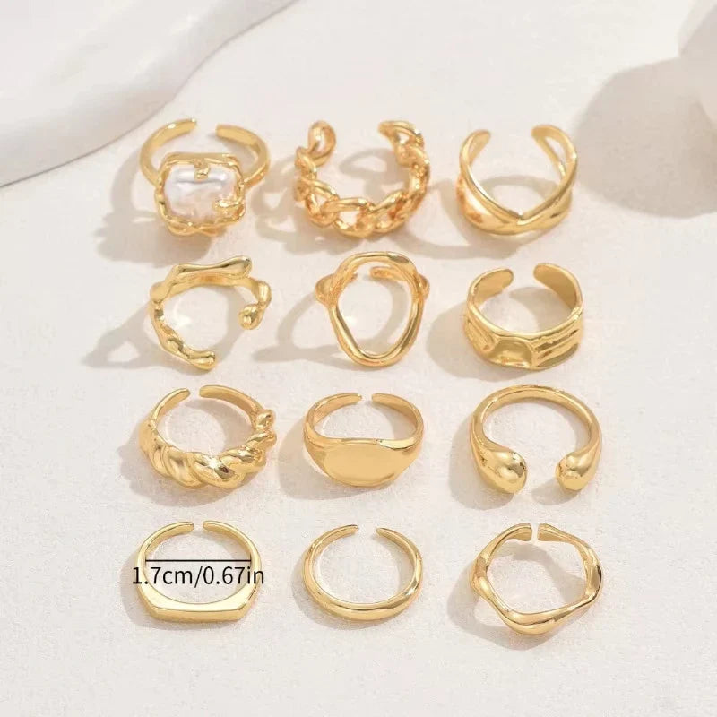 12pcs/set Vintage Bohemian Fashion Women's Ring Set, Perfect for Beach Vacations and Leisure, Suitable for All Seasons
