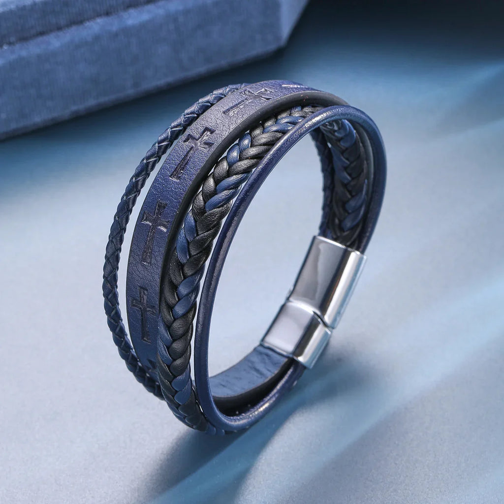 Fashion Cross Leather Rope Bracelet for Men Vintage Woven Leather Bracelet Punk Metal Magnet Buckle Personality Bracelet Jewelry