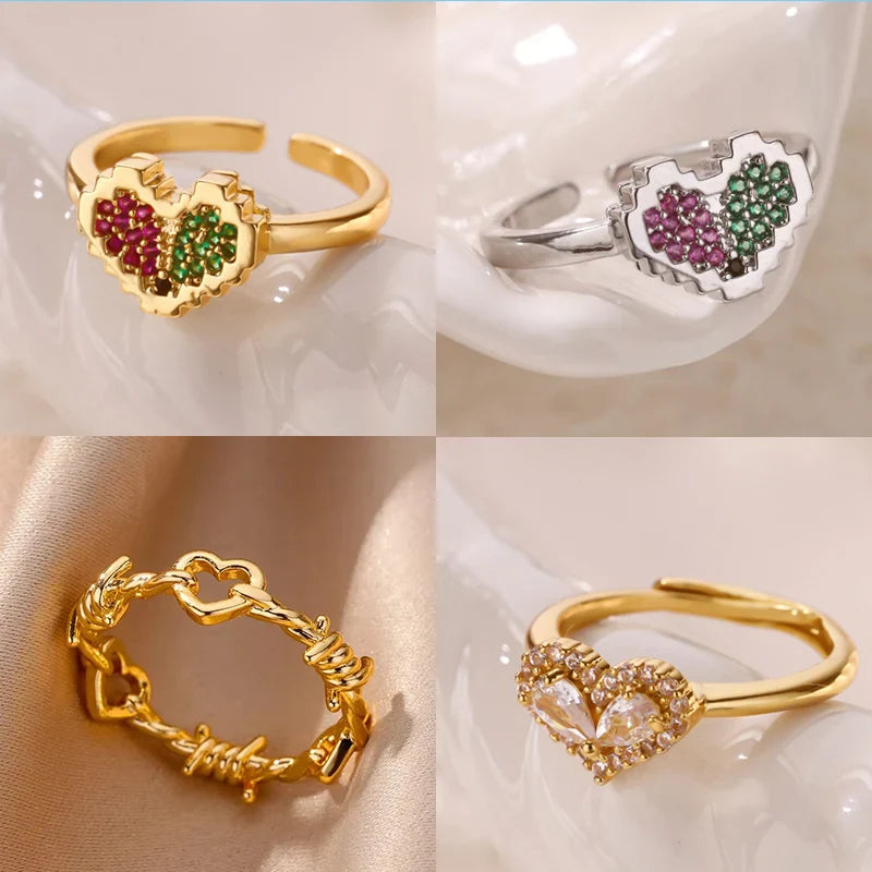 Zircon Colored Heart Ring For Women Gold Color Stainless Steel Heart Adjustable Ring Wedding Anniversary Waterproof Jewelry Gift