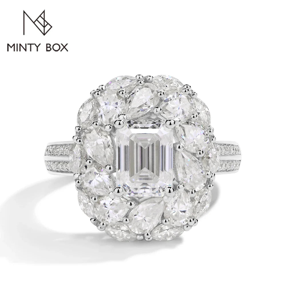 MINTYBOX 2.0ct Flower Design Halo Emerald Cut Engagement Ring Lab Diamond S925 Silver Moissanite Rings For Women 18K Gold Plated