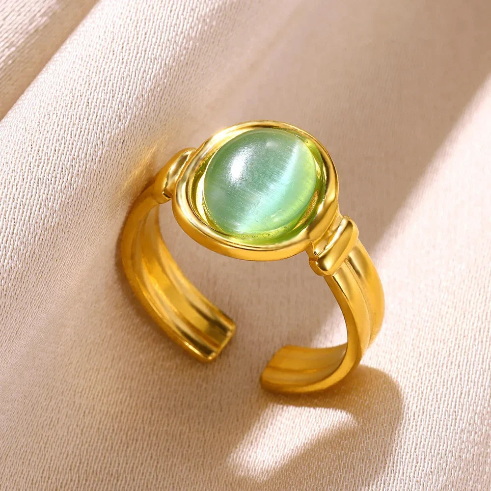 Vintage Oval Opal Rings For Women Gold Color Stainless Steel Adjustable Natural Stone Adjustable Ring Aesthetic Weeding Jewelry