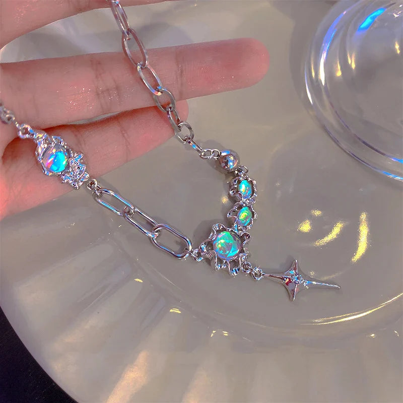 JWER Trendy Bling Moonstone Star Cross Pendant Necklace for Women Punk Hip Hop Star Chain CrystalNecklace Party Y2K Jewelry Gift