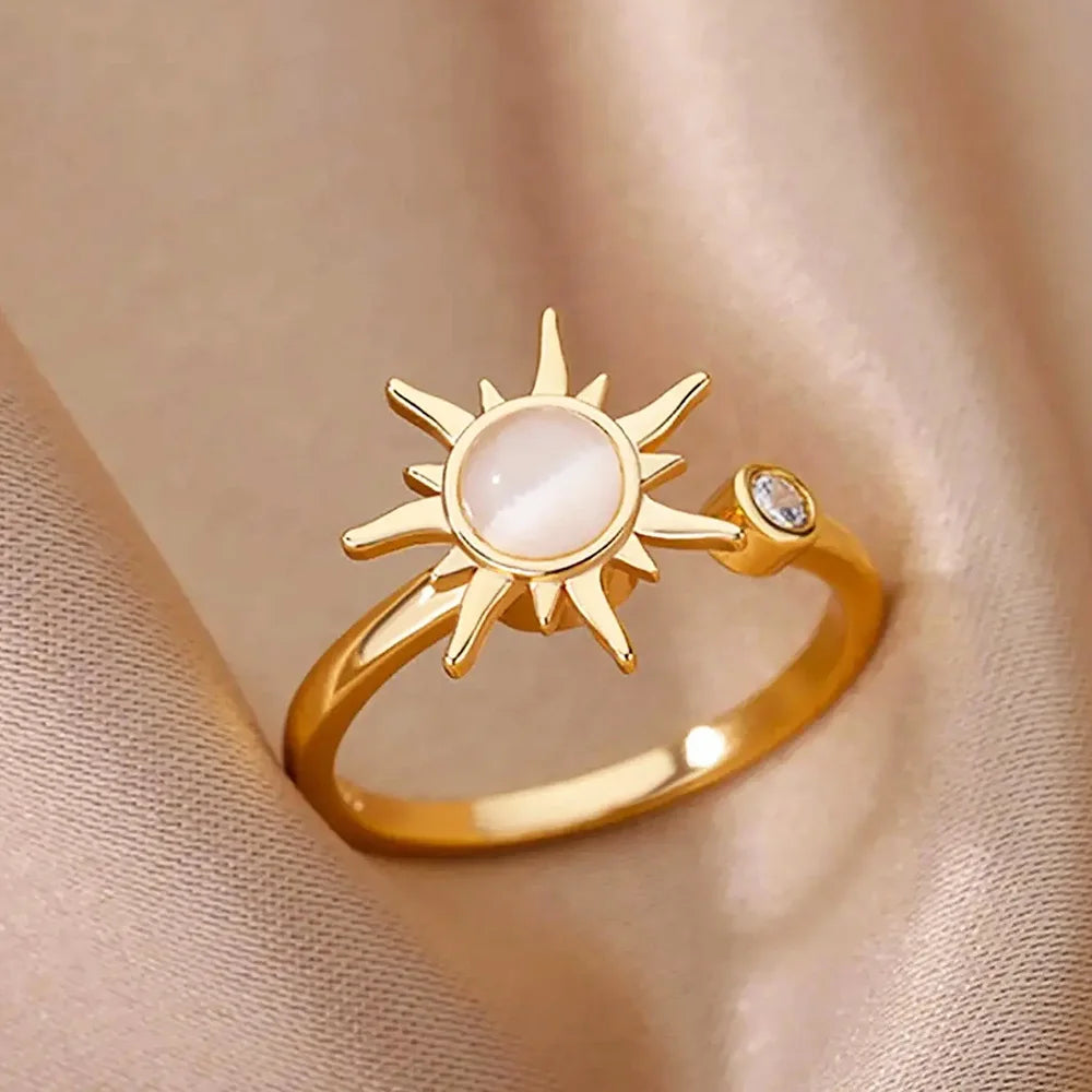 Exaggerated Sun Rings For Women Gold Color Stainless Steel Sun Adjustable Ring Fashion Anniversary Party Lucky Jewelry Gift