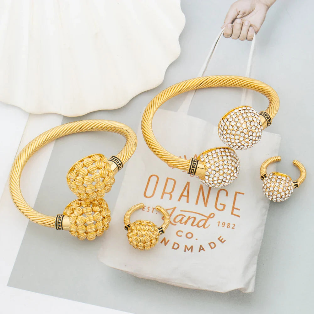 Gold Color Cuff Bracelet and Ring for Dubai African Women Blue Stone Hand Bangle Finger Ring Jewelry Set Wedding Bride Wife Gift