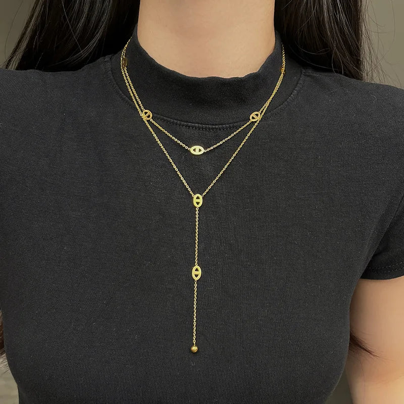 Premium Stainless Steel Long Necklace Trendy Pig Nose Style Y Shape Drop Pendant Waterproof Necklace for Women Girls Jewelry