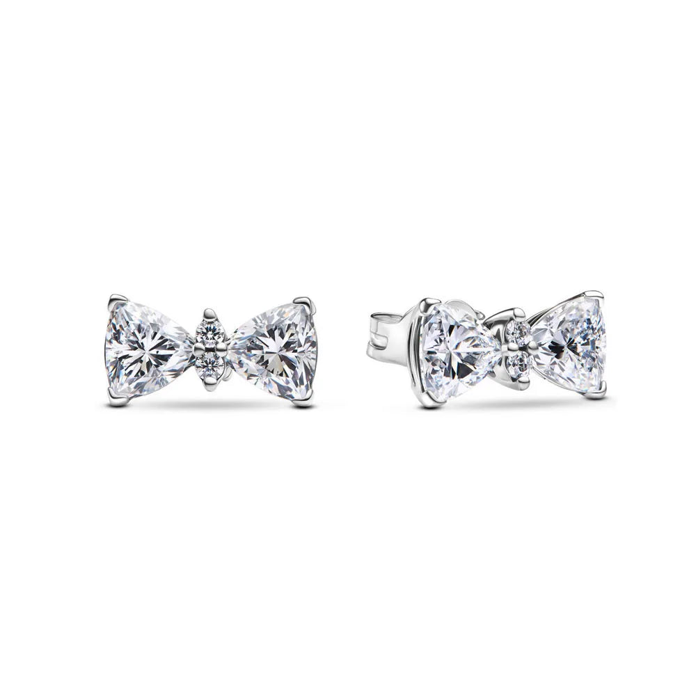 European New 925 Silver White Pink Stone Red Bow Stud Earrings, Fit Women's Festival Exquisite Charm Jewelry Gifts