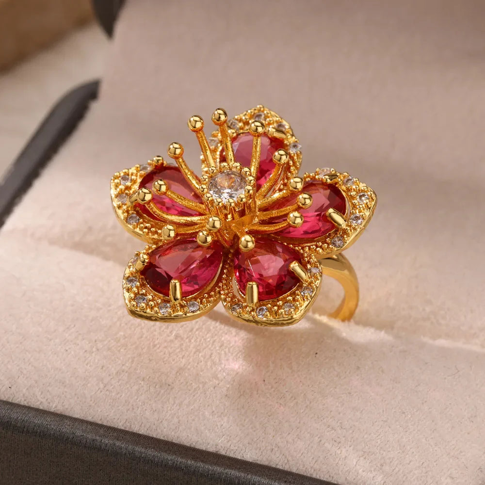 Stainless Steel Flower Big Open Rings For Women Gold Color Imitation Pearl Hollow Out Ring Trendy Aesthetic Jewerly Gifts