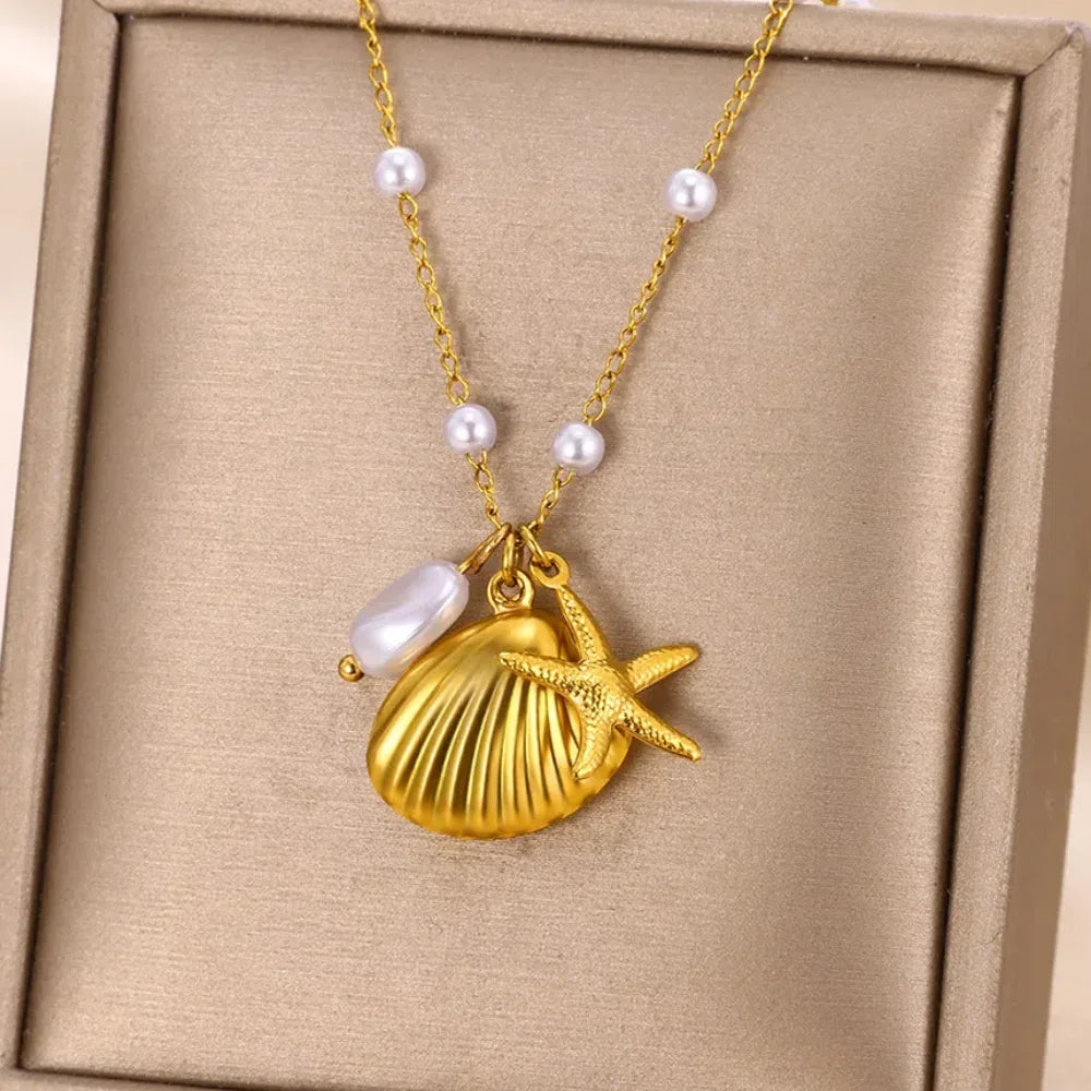 Vintage Starfish Shell Pearl Necklace For Women Gold Color Stainless Steel Pendant Shell Necklace Aesthetic  Summer Jewelry Gift