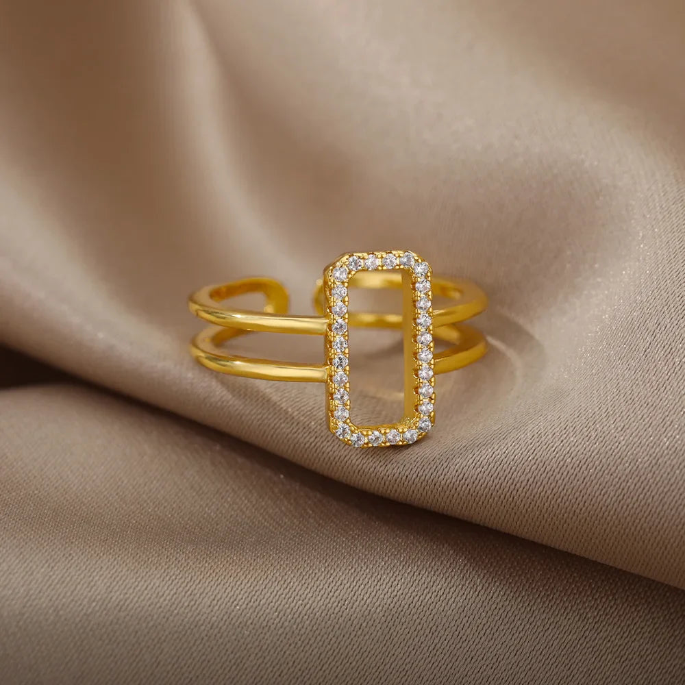 Zircon Chain Cross Rings For Women Vintage Gold Color Stainless Steel Geometric Open Ring Fashion Wedding Aesthetic Jewelry Gift