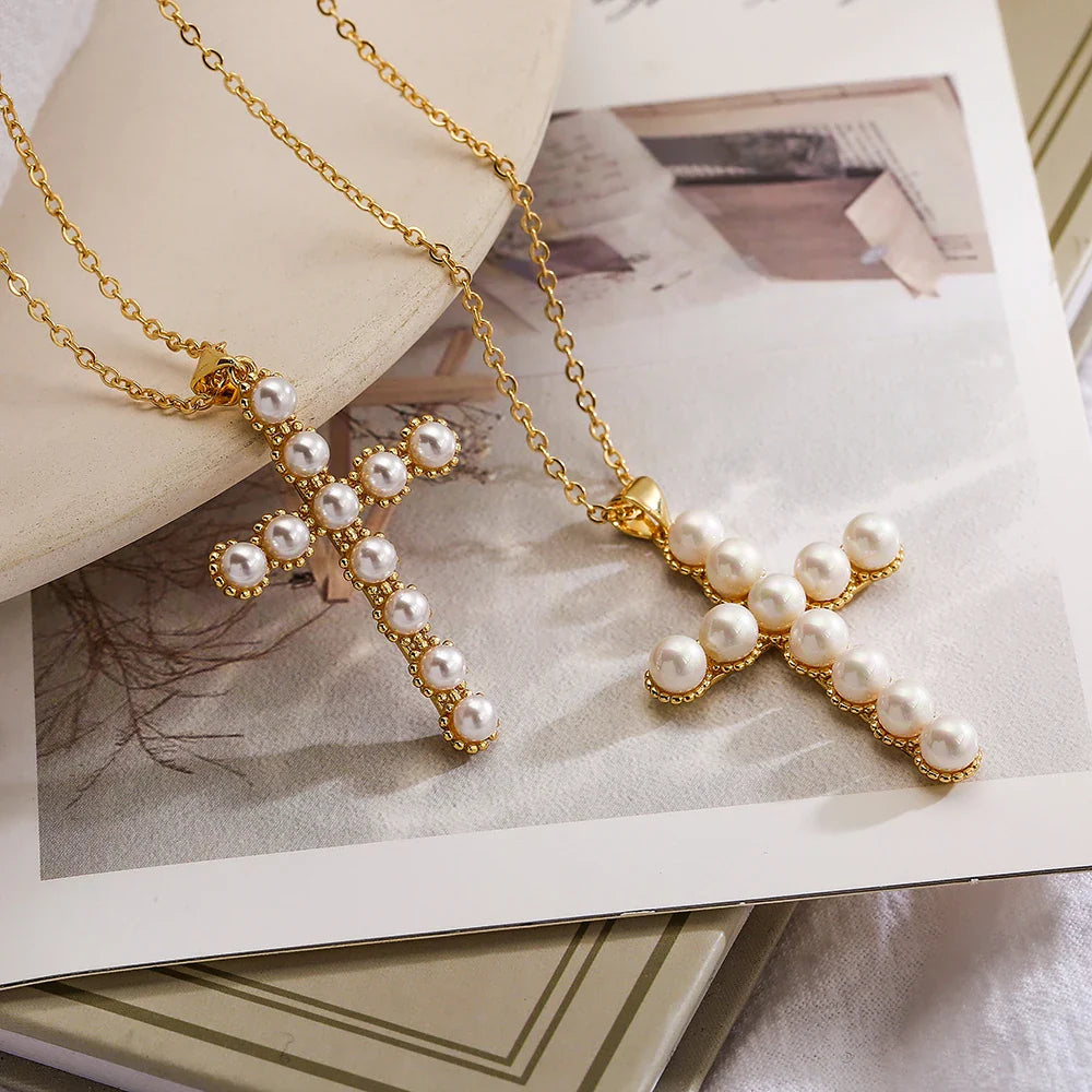 NEWBUY Classic Design Cross Pendant Gold Color 316L Stainless Steel Chain Necklace For Women Luxury Pearl Jewelry