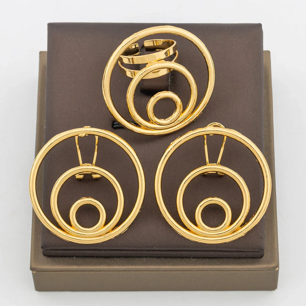 Trend Gold Color Earrings Jewelry Set for Women Hollow Design Clip Earrings with Finger Ring Daily Wear for Party Accessories