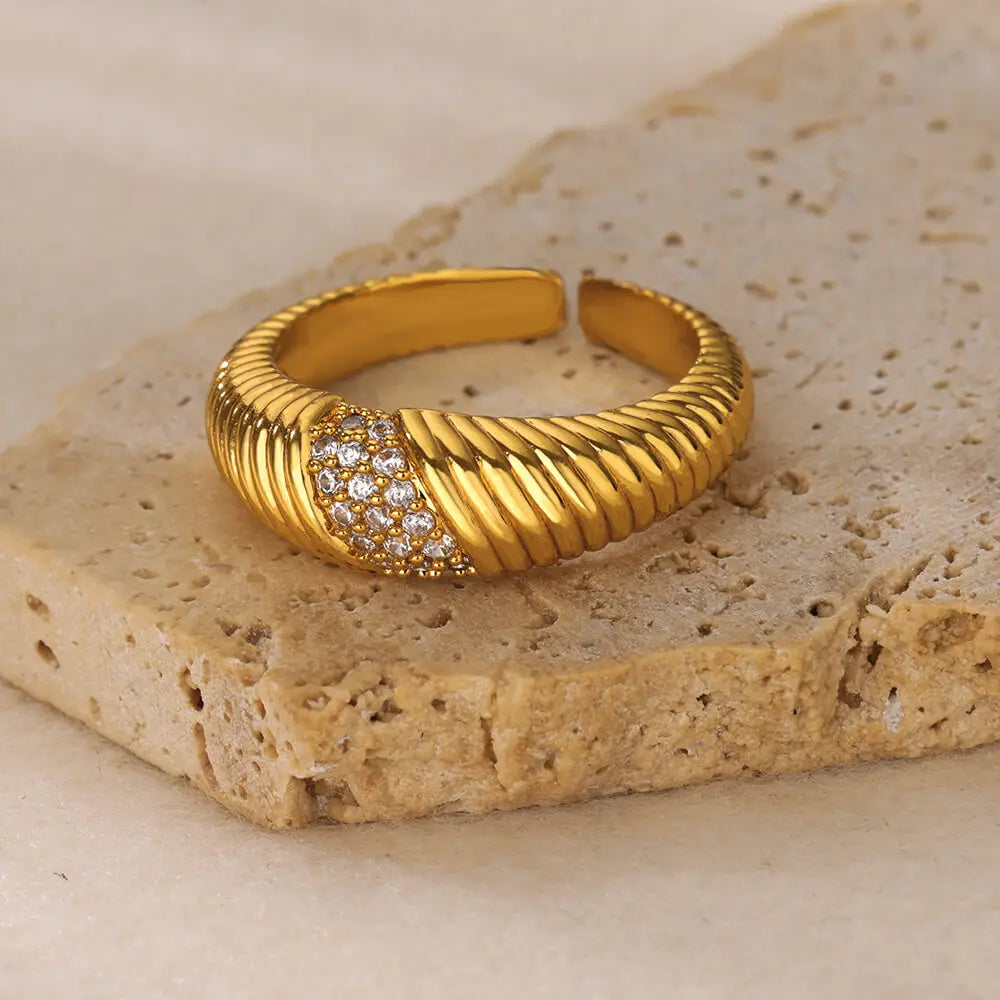 Gold Color Stainless Steel Geometric Rings for Women Zircon Heart Sun Moon Open Ring Fashion Aesthetic Jewelry Wedding Gift