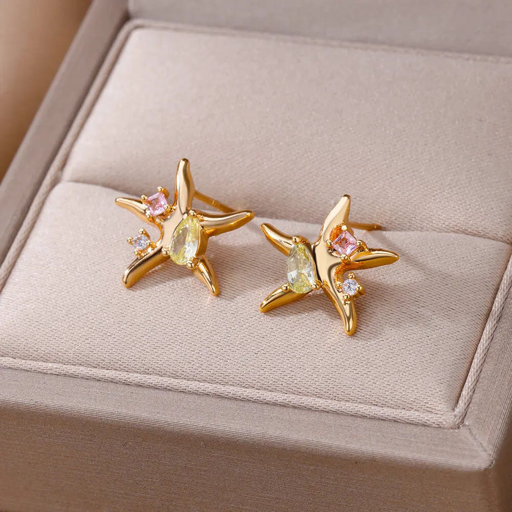 Water Drop Zircon Stars Stud Earrings For Women Stainless Steel Gold Color Statement Earring 2023 Femme Christmas Jewelry Gift