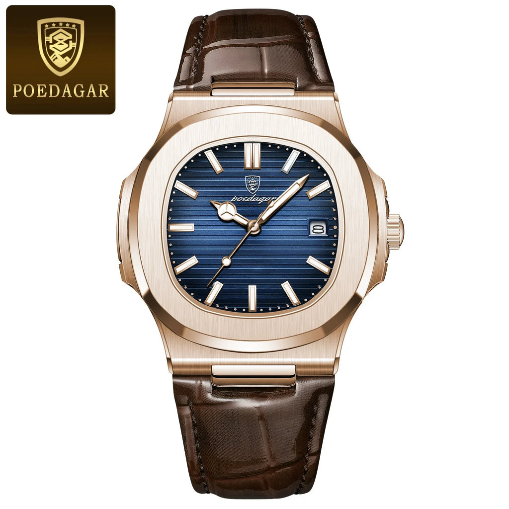 POEDAGAR Fashion Square Men's Watch Waterproof Luminous Date Business Man Wristwatch Casual Leather Quartz Watches For Men Reloj