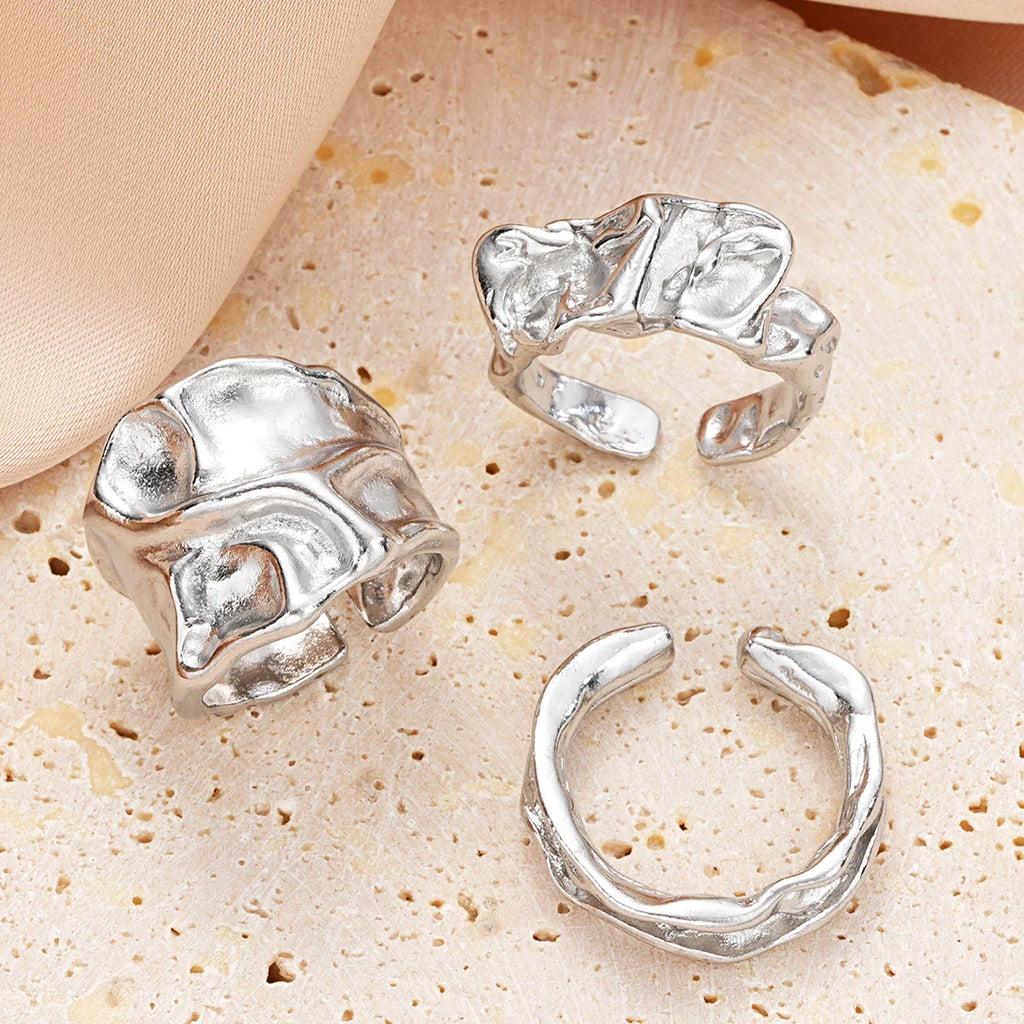 3 Pcs Punk Chunky Irregular Rings Set for Women Creative Geometric Adjustable Open Finger Rings Fashion Statement Jewelry Girls