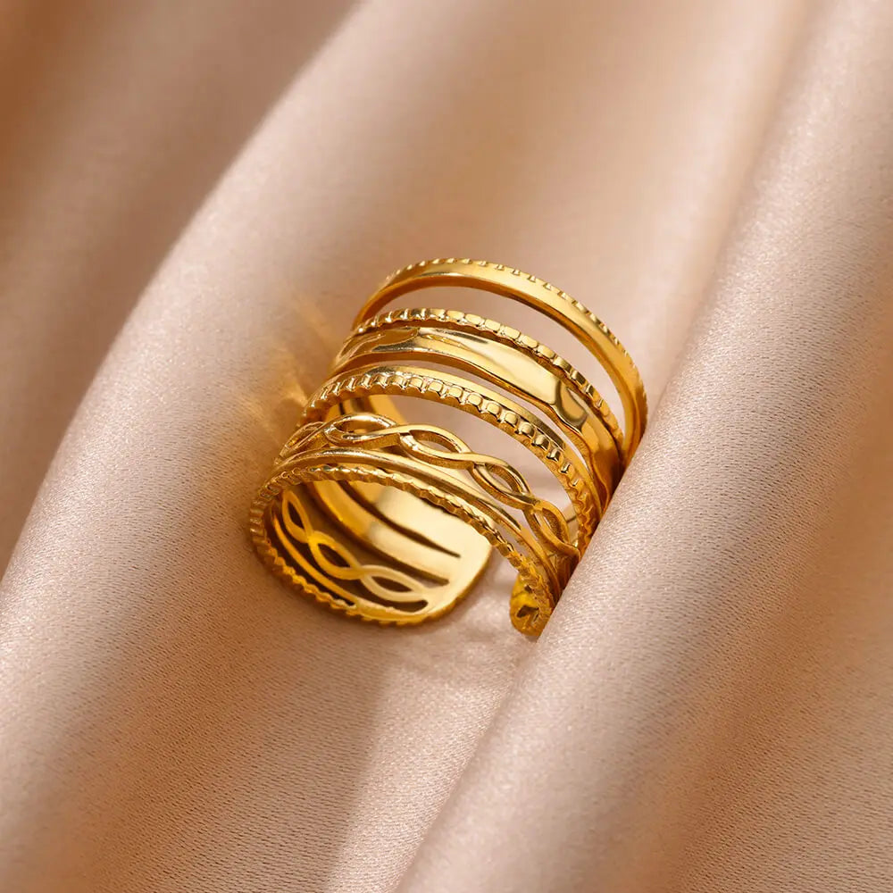 Stainless Steel Flower Rings for Women Gold Color Shell Starfish Multi Layer Hollow Out Ring Fashion Charm Jewelry Wedding Gifts
